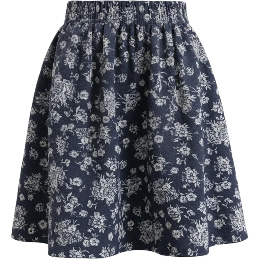 Navy Blue Medium? Floral A-Line Skirt Elastic Waist Cottagecore Prairie Boho